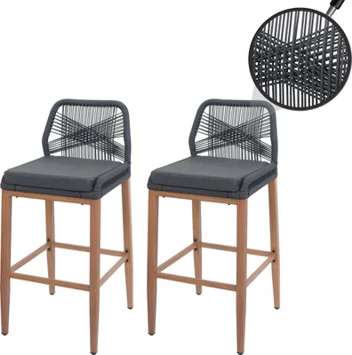 Produktbild von 2er-Set Rope-Barhocker HWC-O21, Outdoor Sitzpolster Seilgeflecht Metall Holz-Optik  anthrazit, Kissen dunkelgrau