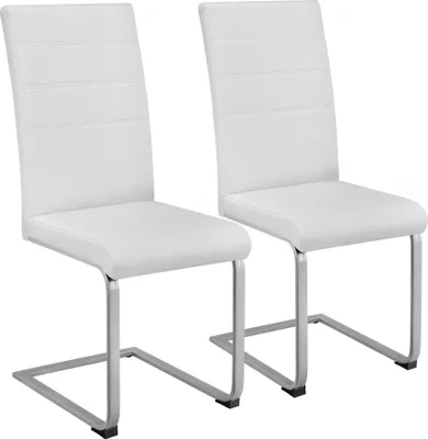 Two white dining chairs with silver metal frames are shown against a white background.