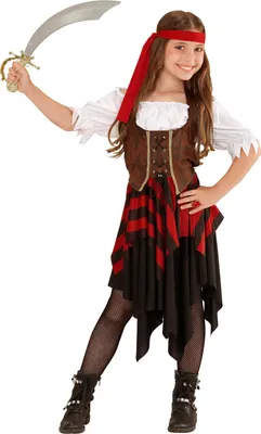 A young girl dressed as a pirate, holding a toy sword.