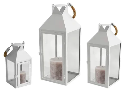 Produktbild von 3er Set XL Gartenlaterne aus Metall mit Seilgriff in Weiß 25/40/51cm