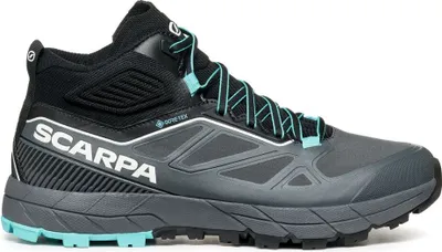 Schwarz-graue Damen-Zustiegsschuhe "Rapid Mid GTX Wmn" von Scarpa mit aqua-blauen Akzenten.