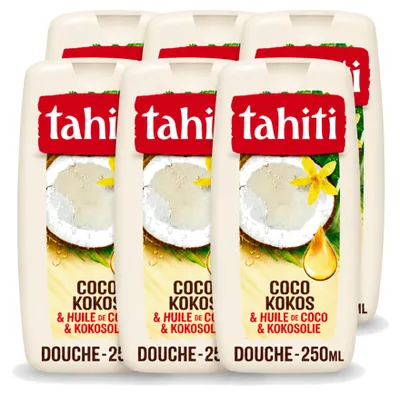 Image de 6 flacons de gel douche Tahiti, parfum coco et huile de coco, 250 ml chacun. Pack économique de 6 pièces