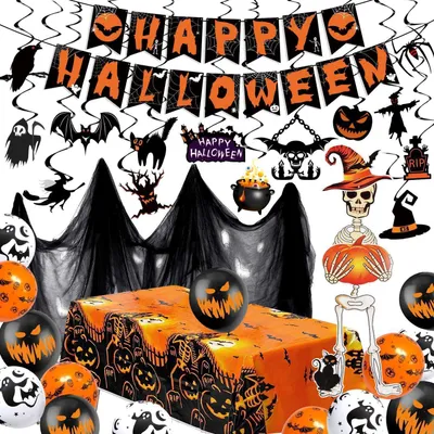 Immagine prodotto di decorazioni per feste di Halloween iZoeL XXL: Ghirlanda spaventosa, spirali, scheletri fantasma, tovaglia, palloncini