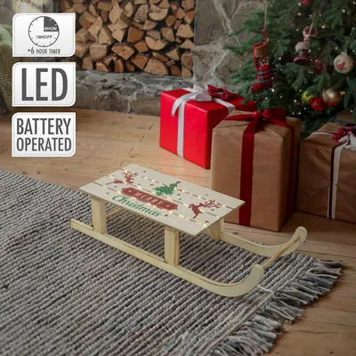 Produktbild von ECD Germany LED Deko Schlitten aus Holz mit 60 warmweißen LEDs, 60x21x13,5 cm, Braun, Batterriebetrieben, Beleuchteter Dekoschlitten mit Timer