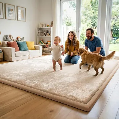 Imagen del producto de Alfombra para gatear para bebés, 180x200 cm – Alfombra gruesa de 3,3 cm para gatear y jugar, antideslizante, ideal para parques infantiles, salones y como alfombra para niños, color beige