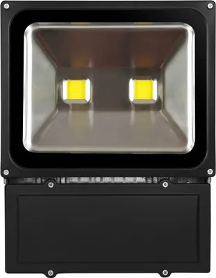 A front view of a black LED floodlight with two bright yellow LED lights.