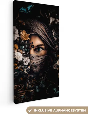 Produktbild von MuchoWow® - Leinwandbilder - Frau - Luxus - Blumen - Schmetterling - Porträt, Wandbild, Wanddeko Bilder Wohnzimmer, 20x40 cm