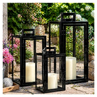 Produktbild von 3er Set Windlicht Gartenlaternen Laternenset Laterne Metall Glas Aussen Schwarz H30/40/53cm