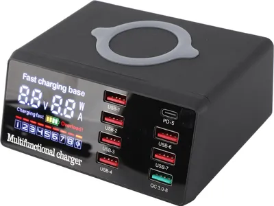 Obrázok produktu pre Bezdrôtová nabíjačka 8 portov PD QC3.0 USB 15W Inteligentný digitálny displej Bezdrôtová nabíjacia stanica pre telefón Tablet Laptop