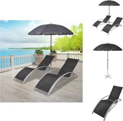 Image de vidaXL Bains de soleil avec parasol aluminium noir - Bains de soleil