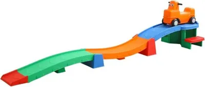 A colorful plastic toy roller coaster with a ride-on car.