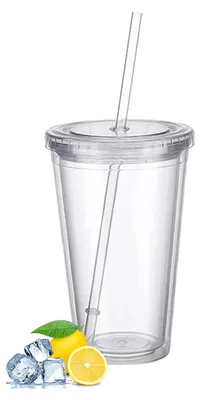 Doppelwandiger Trinkbecher mit Strohhalm, 500 ml, transparent