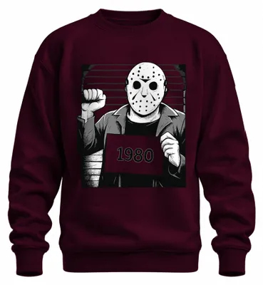 Productafbeelding van Horror hockeymasker, jaren '80, slasher-stijl, politiefoto, retro, vintage, grunge, uni sweatshirt, pullover, bordeauxrood, maat XL