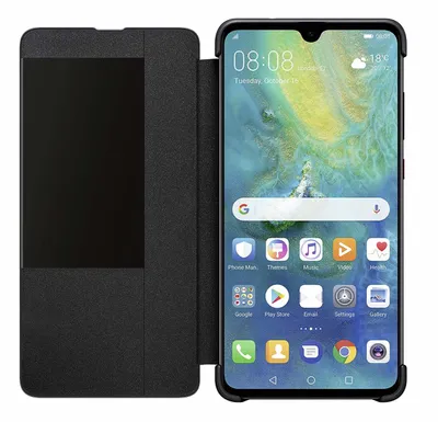 A black flip cover case for a Huawei Mate 20 smartphone is shown open, revealing the phone's screen.