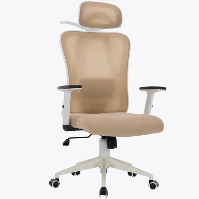 Produktbild von Bürostuhl mit platzsparendem Kleiderbügel - ergonomischer Schreibtischstuhl mit Nacken- und Lordosenstütze - komfortabler Gamingstuhl mit Netzrückenlehne und Wippfunktion,Farbe:Weiß/Taupe