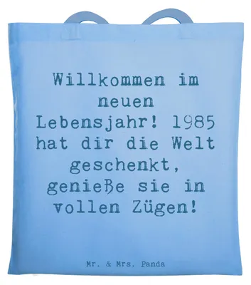 Produktbild von Mr. & Mrs. Panda Jutebeutel Spruch 1985 Geburtstag - Sky Blue - Geschenk, Schultasche, Geschenke, Geburtstagsgeschenk, Happy Birthday, Leben genießen, Tasche, Stoffbeutel