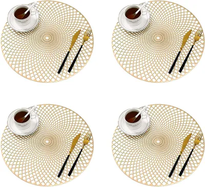 Produktbild von Platzdeckchen 4er Set, Gold Tischuntersetzer Rund Platzset Tischset Vinyl Hohl Platzsets Abwischbar PVC Platzdeckchen für Küche, Zuhause, Speisetisch ( 38 cm)