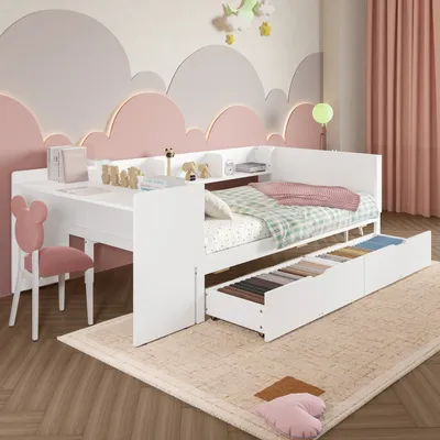A child's bedroom with a white bed, desk, and chair, decorated with cloud-shaped wall art.