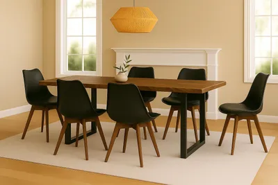 Produktbild von Essgruppe 7tlg. 220 x 100 cm Holz Nussbaum-Optik 6x Schalenstühle Schwarz U-Gestell Schwarz JOSY