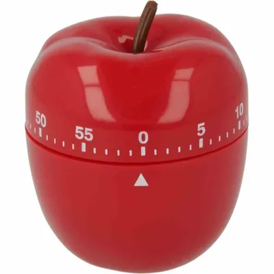 A red apple-shaped kitchen timer with markings for minutes.