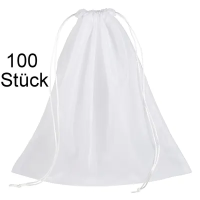 Produktbild von 100 Stück Gemüsebeutel mit Kordelzug (ca. 37 x 37 cm) in Weiß – 30 Grad waschbar, 100% Polyester. Perfekt für Obst, Gemüse, Kräuter & vielseitig einsetzbar für Reisen, Spielzeug und mehr