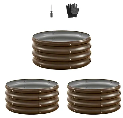 Produktbild von SucceBuy Metall-Hochbeet Φ600x290mm, Pflanzbeet mit offenem Boden & abgerundeten Kanten, geeignet für Gemüse, Blumen, Kräuter & Sukkulenten, rund, 3er-Set