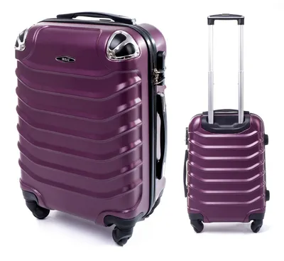 Two purple suitcases on a white background. One is shown from the side, and the other from the front with its handle extended.
