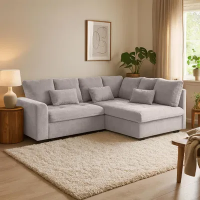 Obrázek produktu pro BEAUTYSOFA | Rohová pohovka RAMO 229 cm, rohová pohovka s funkcí spaní 160x200 cm, moderní rozkládací pohovka v béžové barvě, včetně matrace