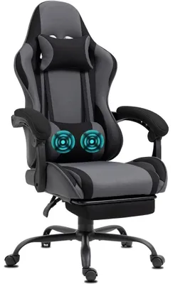 A gaming chair with a footrest and headrest, shown from a three-quarter view against a white background.