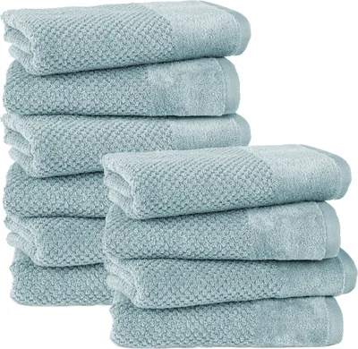Produktbild von Pure Label 10-TLG Handtücher Set mit Aufhängeschlaufen aus Baumwolle, saugstark und weich | 10er Pack Handtücher 50x100 cm aus Baumwolle, Blau-Türkis