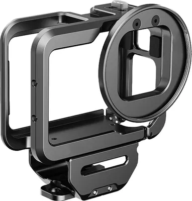 A black metal cage for an action camera, designed for protection and mounting accessories.