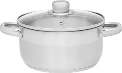 A stainless steel pot with a glass lid is shown against a white background.