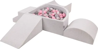 Produktbild von KiddyMoon spielplatz aus schaumstoff mit viertel eckig bällebad (300 bälle) hindernisläufe, hellgrau:perle/grau/transparent/puderrosa