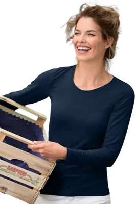 Produktbild von Langärmeliges Baumwoll-T-Shirt für Damen, 95% Baumwolle, 5% Elasthan, ohne Aufdruck, einfarbig, 180g/m2, Farbe dunkelblau, Größe S