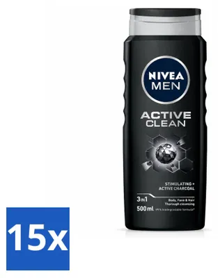Produktbild von 15 x NIVEA MEN Active Clean 3-in-1 Duschgel - 500 ml - Vorteilspackung - 15 Stücke