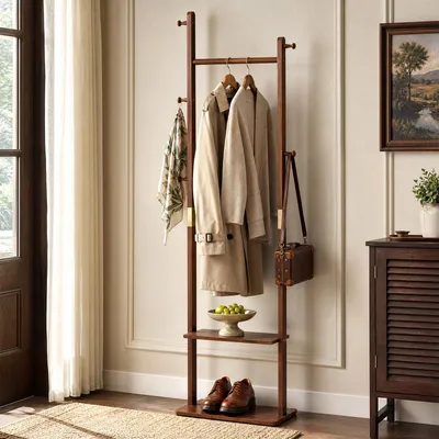 Produktbild von Garderobenständer aus Massivholz,Freistehender Kleiderständer mit 2 Ablagen & Haken,Garderobe für Kleidung,Hut,Wohnzimmer,Schlafzimmer 40x24x160cm (S)