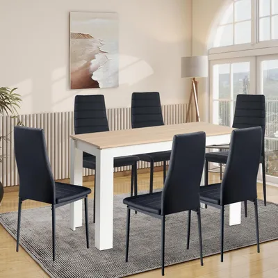 Image de Ensemble de salle à manger comprenant une table et 6 chaises, en bois chêne/blanc et noir, dimensions : 120 cm