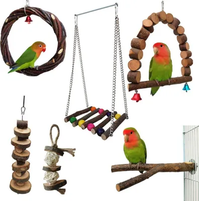 Produktbild von 6Pcs Vogel Spielzeug Set Für Papagei, Natürliche Hölzerne Vogelschaukel, Stehende Sitzstange, Ring Swing & Kauspielzeug, Haustier Aktivität Struktur