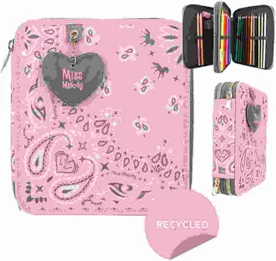 Obrázok produktu pre Penál Miss Melody BANDANA s visačkou, 2 priehradky, naplnený 24 farebnými ceruzkami, 2 ceruzky, pravítko, nožnice, orezávač, guma, vrecko na suchý zips, materiál: 100% polyester