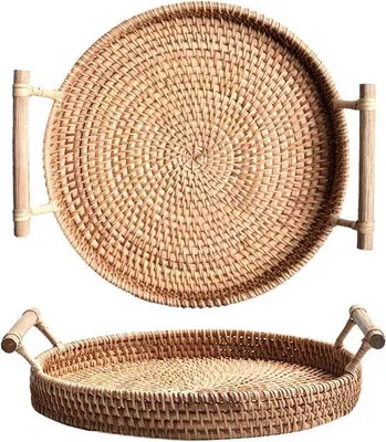 Image de Plateau de service en rotin tressé, 32 cm, avec poignées en bois