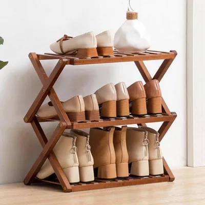Image de Étagère à chaussures en bambou, pliable, 3 niveaux, couleur marron