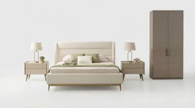 Zdjęcie produktu dla Schlafzimmer Set Beige Modern Luxus Bett Schrank 2x Nachttische