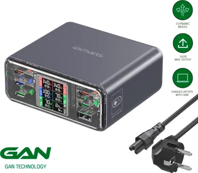 A 4smarts desk charger with multiple ports and a digital display, shown with a power cord.