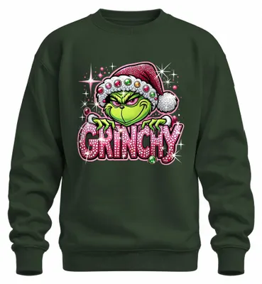 Imagen del producto de Camiseta o sudadera navideña con diseño "Grinch", con detalles brillantes y brillantes en color rosa, con un mensaje divertido de Navidad, en color verde botella, talla S