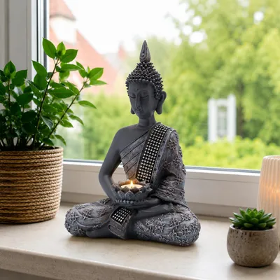 Produktbild von INtrenDU Buddha Figur 31 cm mit Teelichthalter Polyresin grau, Deko sitzend