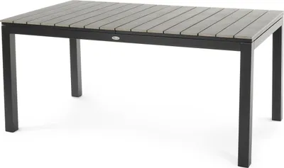 A rectangular outdoor dining table with a slatted gray top and black metal legs, shown against a white background.