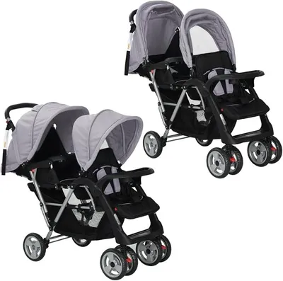 Produktbild von Tandem-Kinderwagen Geschwisterwagen Zwillingswagen Tandem Kinderwagen Zusammenklappbar Stahl Grau und Schwarz