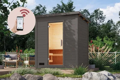 Produktbild von Karibu Saunahaus Außensauna Gartensauna Hytti 1 + 9kw Ofen und HUUM WIFI Steuergerät Sparset 196 x 146 cm Farbe: Terragrau