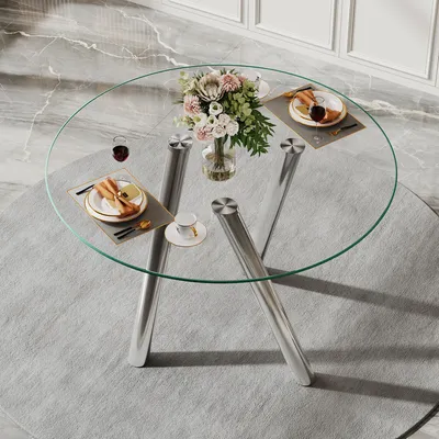 Zdjęcie produktu dla Okrągły stół jadalny, 89 cm, blat z hartowanego szkła, solidne srebrne metalowe nogi