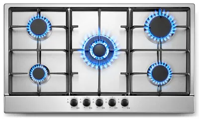 Gaskochfeld 90 cm, 5 Brenner, Edelstahl, 10460 W, Wokbrenner